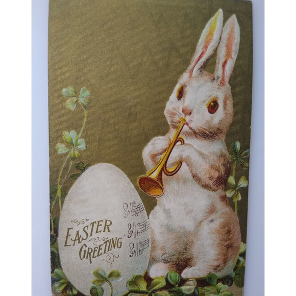 Easter Postcard Fantasy Bunny Rabbit Musician Plays Horn Gold 1909 Music Notes - Picture 1 of 3